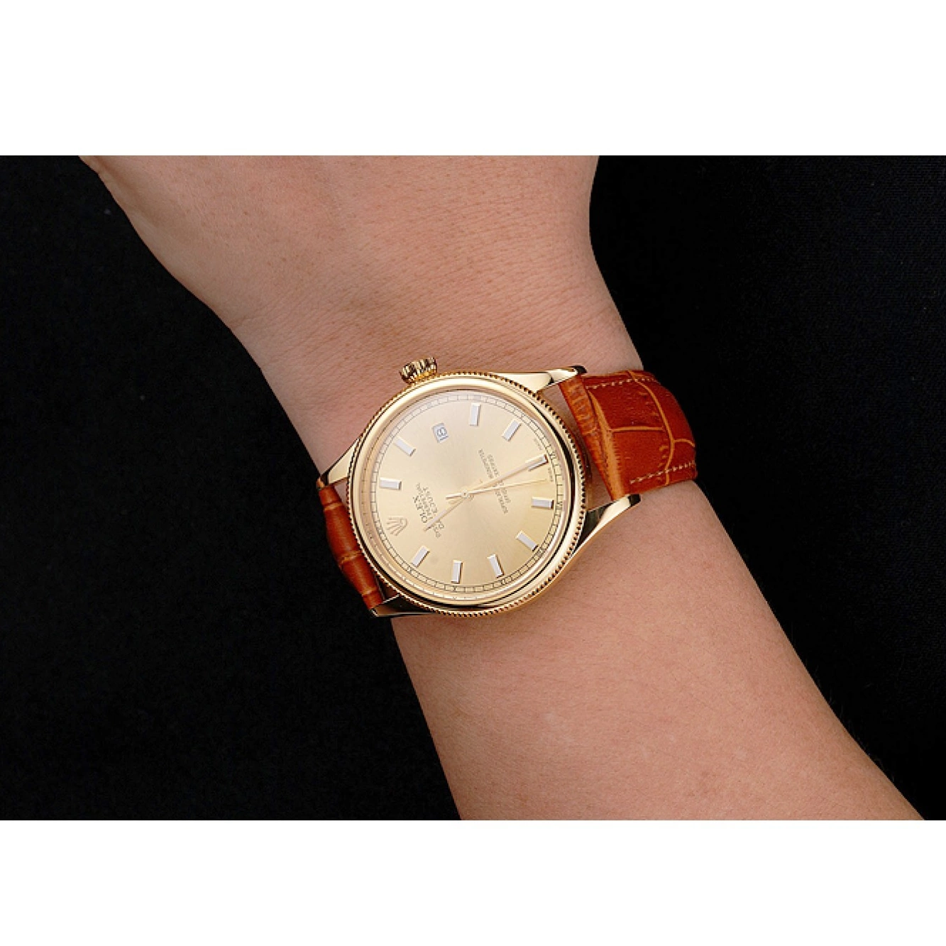 Good copy rolex watches Light Rolex Leather Case Brown Dial Gold Strap Gold Datejust Swiss 0713